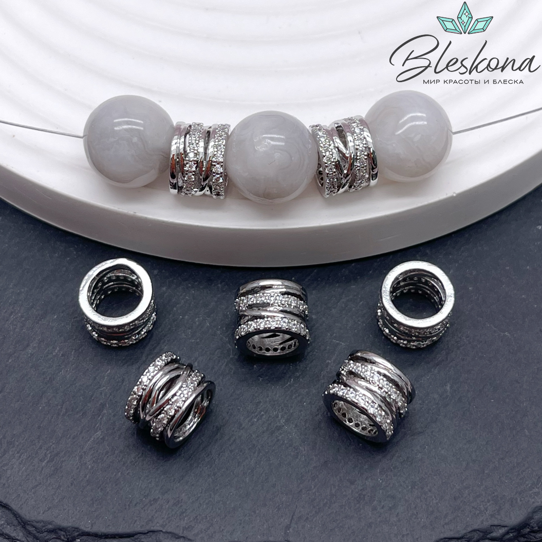 7*9,5 мм, Цвет серебро, Бусина цилиндр цирконы