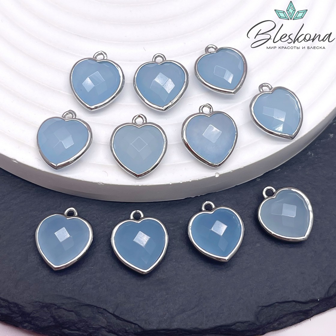 13*15мм,Цвет серебро,Подвеска Сердце кварц тонированный голубой огранка