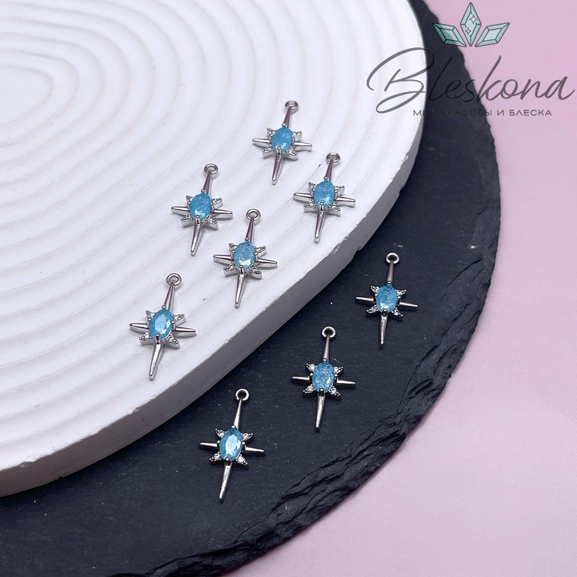 22,5*12,5 мм Цвет серебро, Подвеска серверная звезда голубое стекло