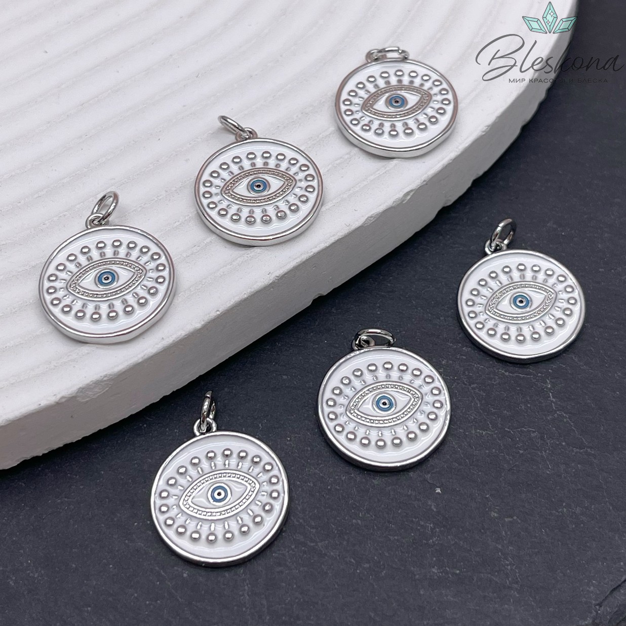 18,6*16 мм Цвет серебро, Подвеска глаз круг белая эмаль