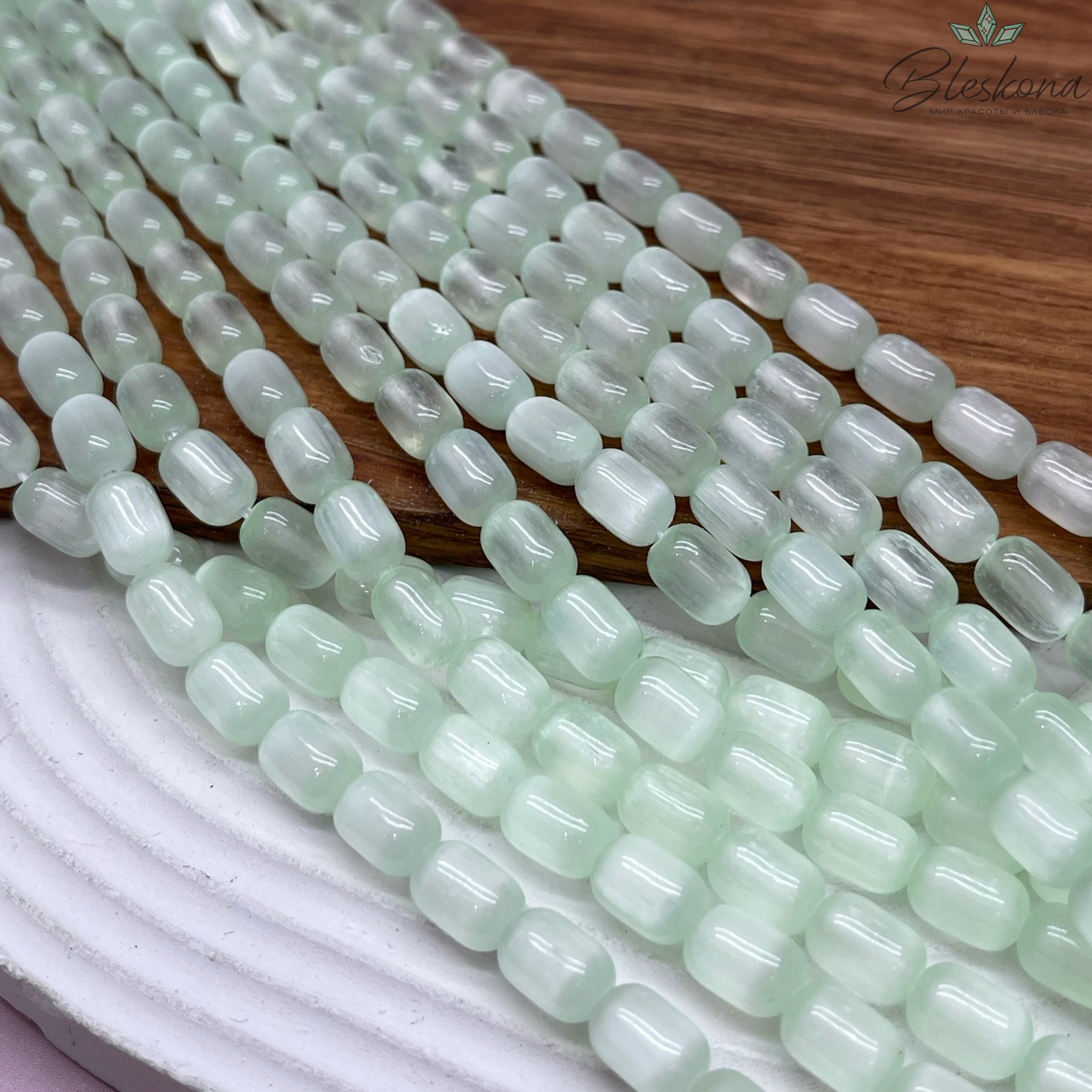 Селенит светло-зеленый (тонированный) бочата 9*6 мм 