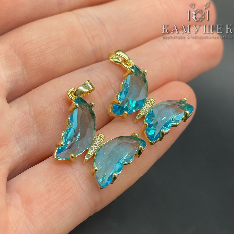 16*22мм, Цвет золото, Подвеска Бабочка голубое стекло 