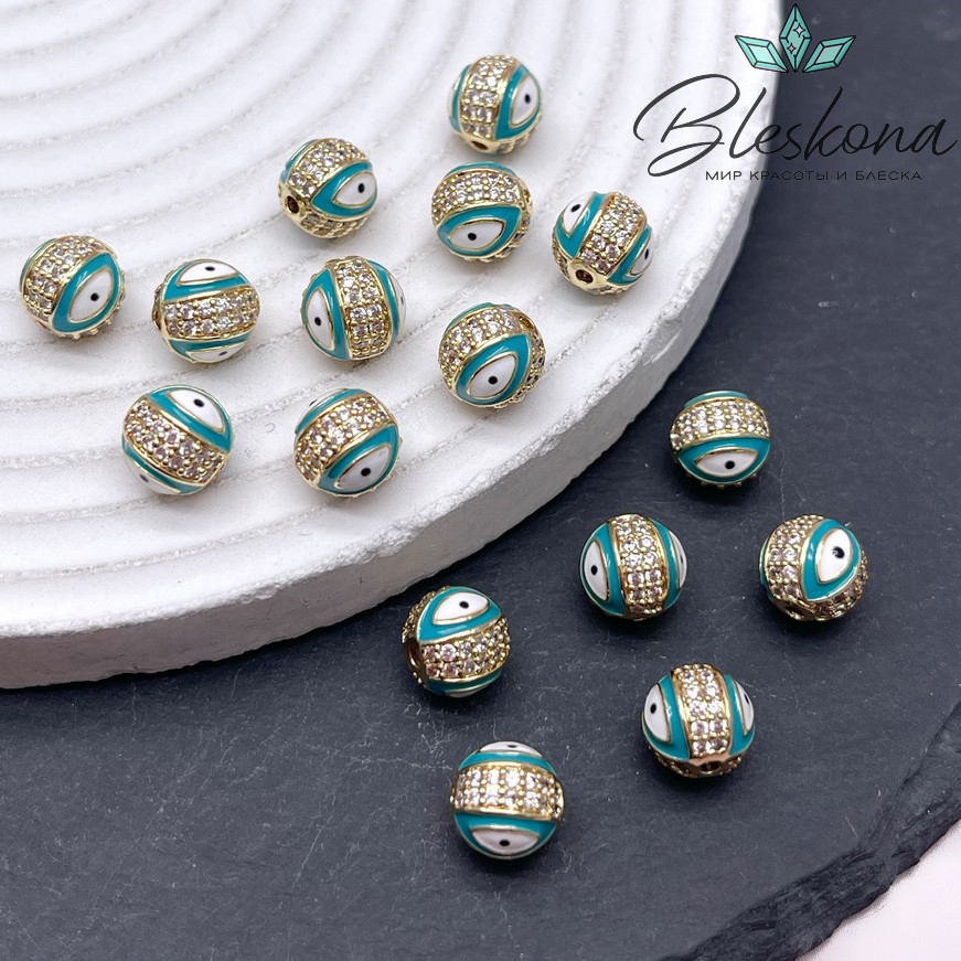 8,5 мм Цвет золото, Бусина с глазком бирюзовая эмаль