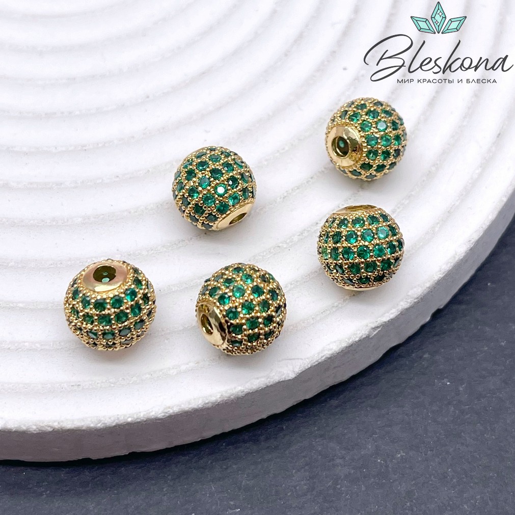 10 мм Бусина с цирконами, цвет золото