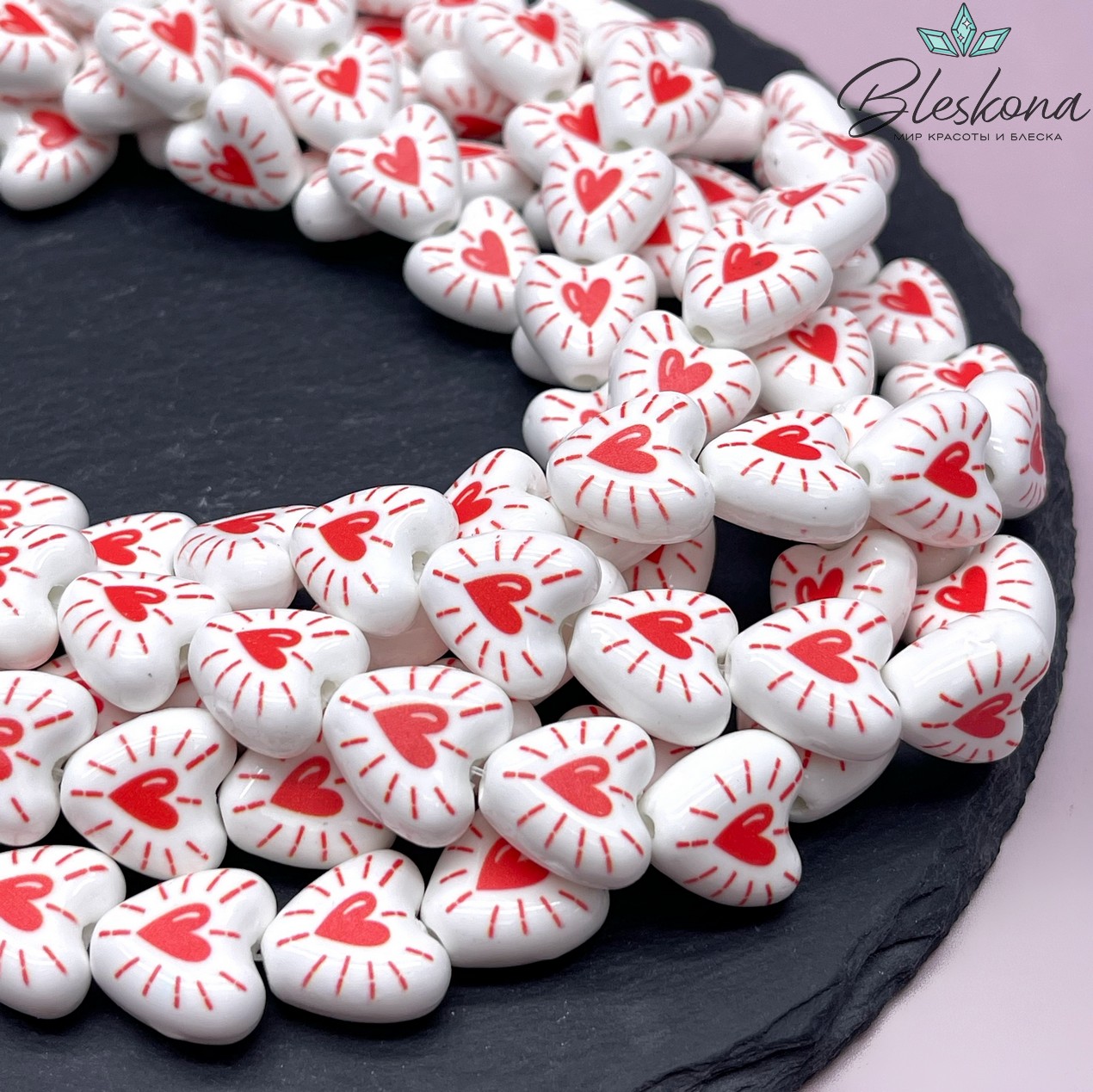 14,5 мм Бусина сердце, керамика цвет белый красный рисунок