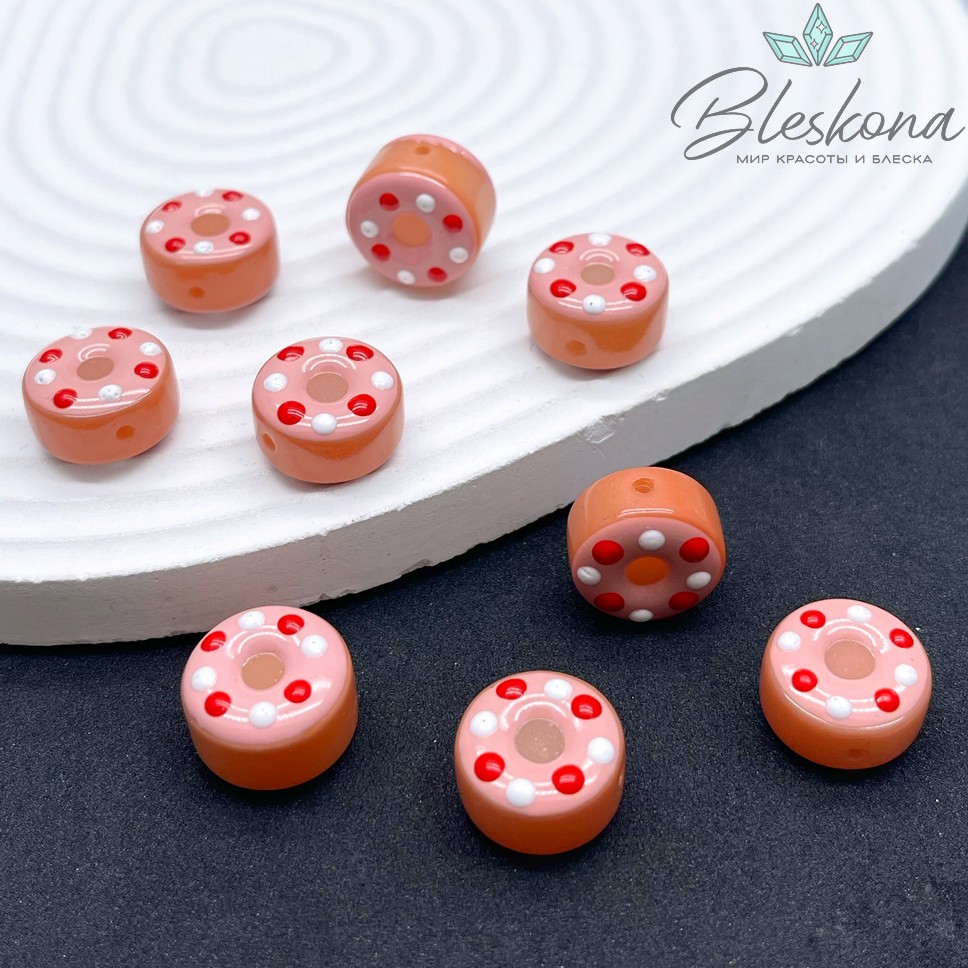 8*15 мм Бусина пончик коричневый красно- белые точки