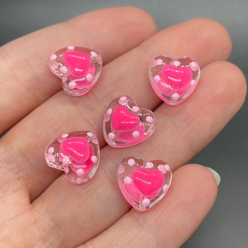 13,5 мм, Стекло бусина сердце с ярко-розовым сердечком точки уп.5 шт №1