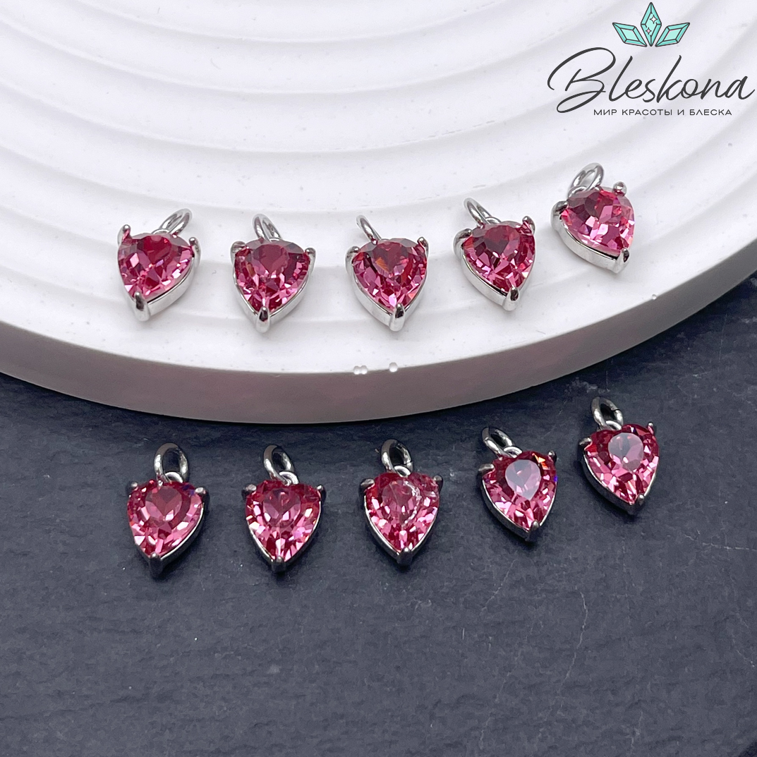 8,8*6,7 мм Цвет серебро, Подвеска сердце ярко-розовый циркон 