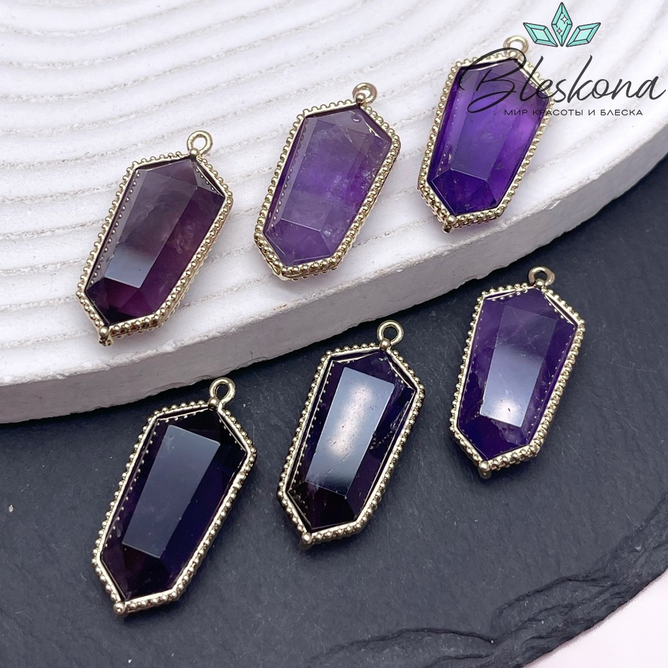 13,5*30мм, цвет золото ,Подвеска Шестиугольник Аметист в обрамлении цирконы