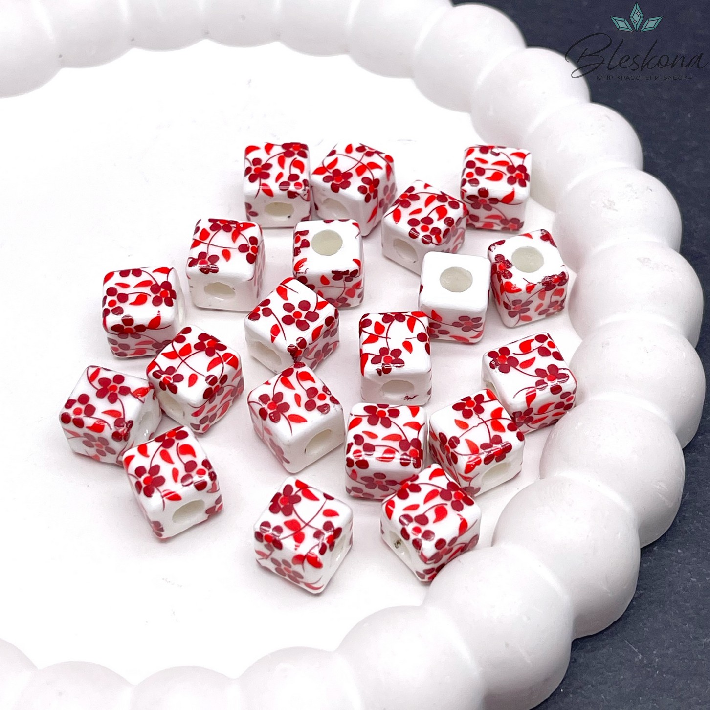 10 мм Керамика Бусина куб роспись гжель №11 (штучно)