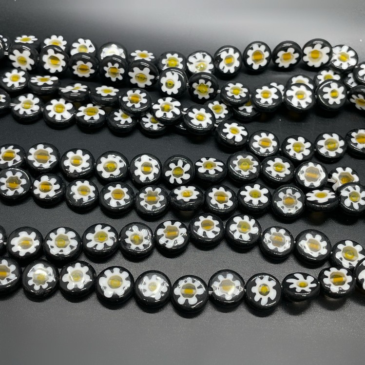 Муранское стекло черное круг цветок  10 мм