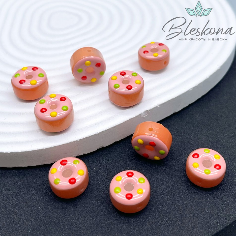 8*15 мм Бусина пончик коричневый красно- зеленые точки