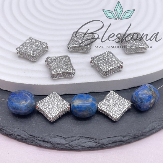 19*17 мм Цвет серебро, Бусина ромб плоский цирконы