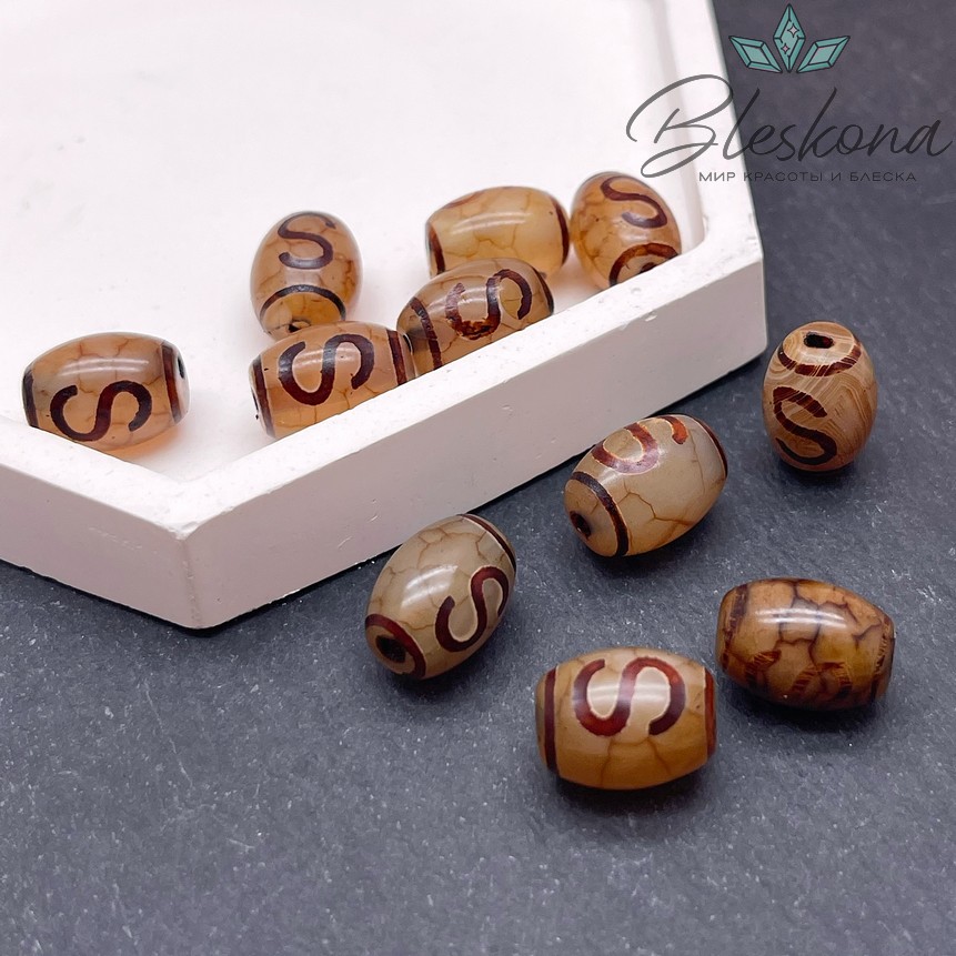 Бусина Дзи Денежный крючок серо-коричневый бочонок 10*14 мм