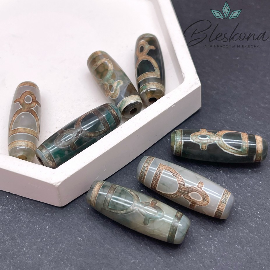 Бусина Дзи Кубера зелено-коричневый бочонок  №1 30*11 мм