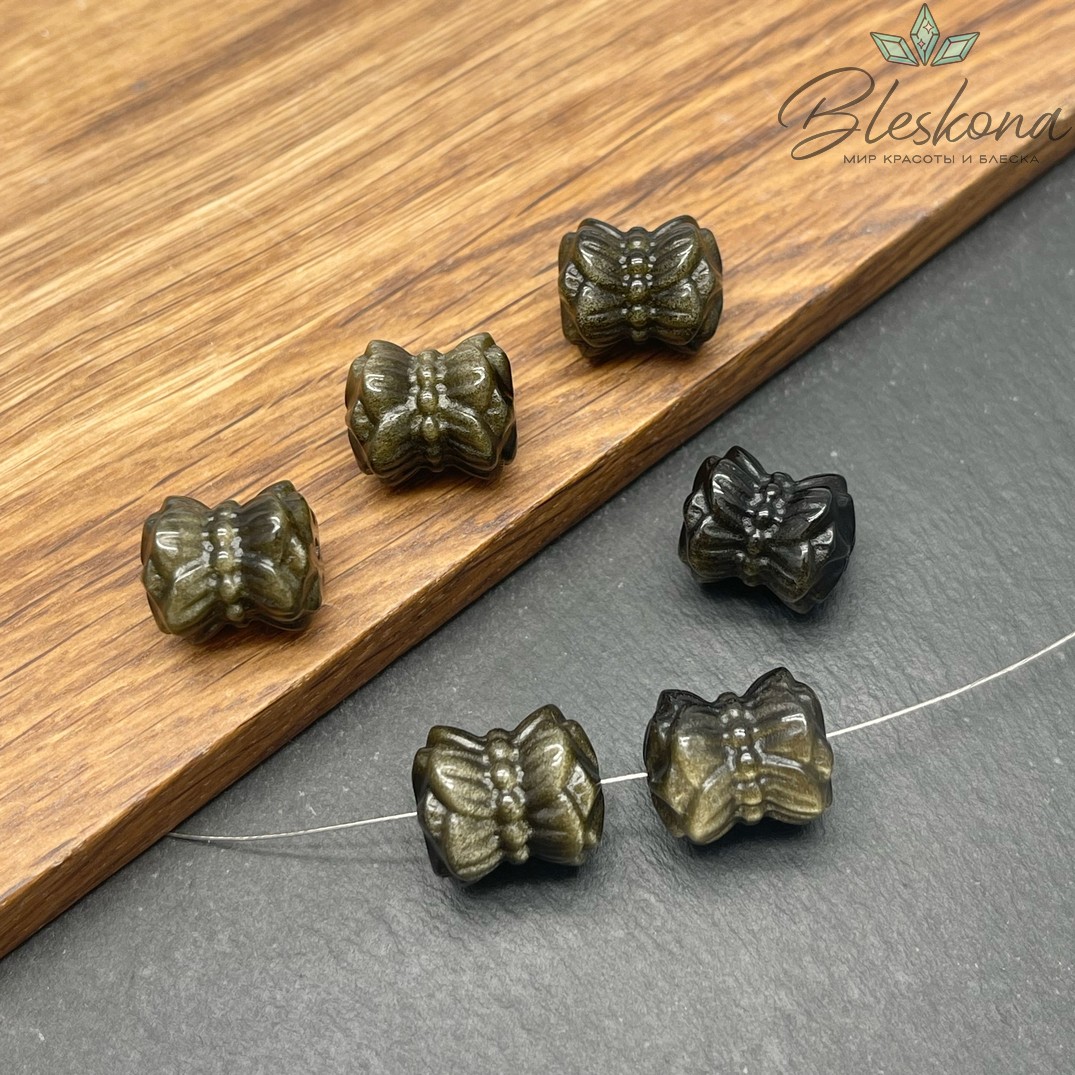 Резная бусина Бант Обсидиан золотистый 13*15 мм