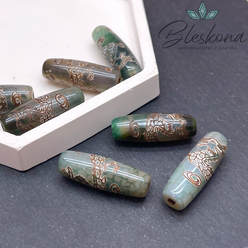 Бусина Дзи Дракон зелено-коричневый бочонок №1 30*11 мм