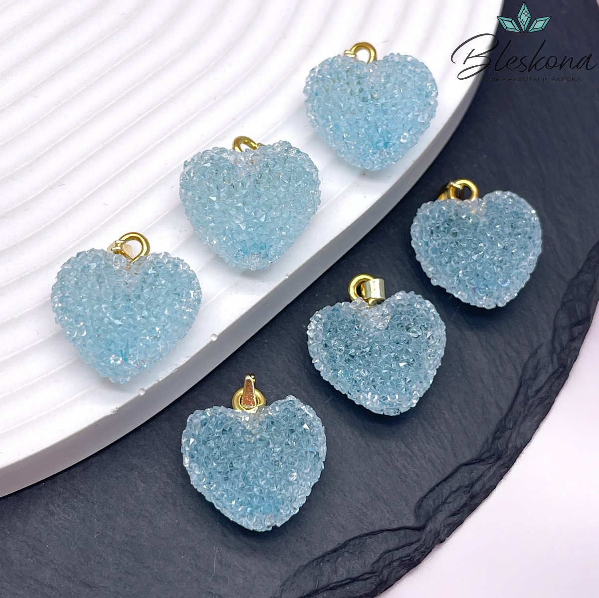 19*20 мм, Цвет золото, Подвеска мармеладное сердце голубое
