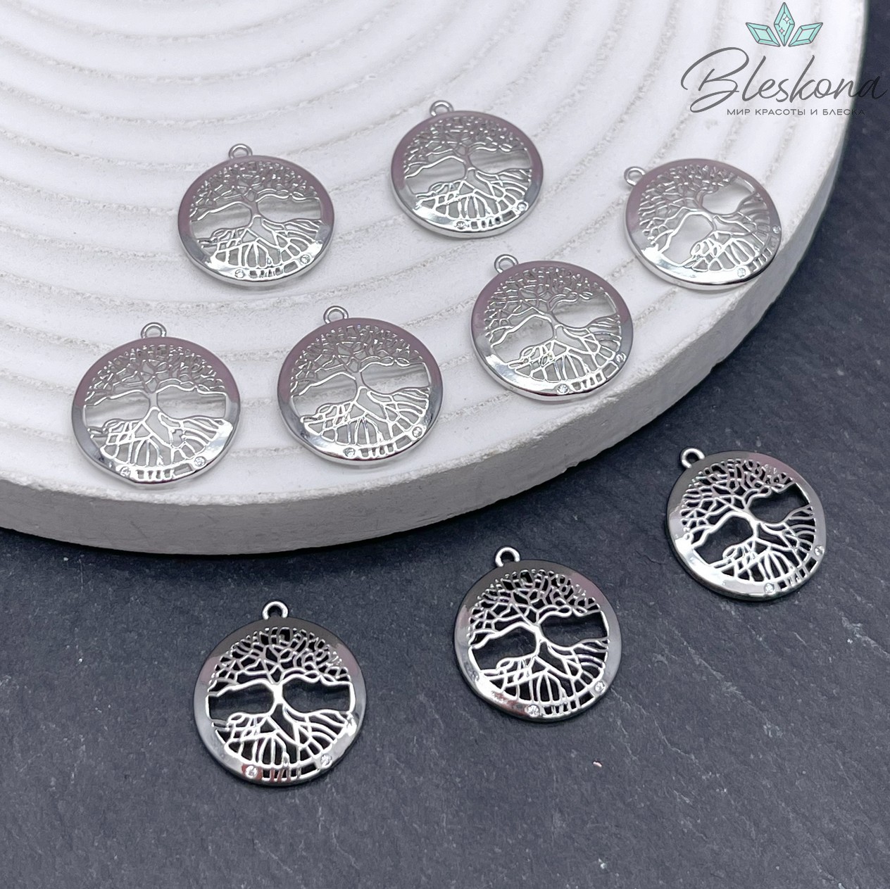 16,6*14,8 мм Цвет серебро, Подвеска круг дерево Жизни цирконы