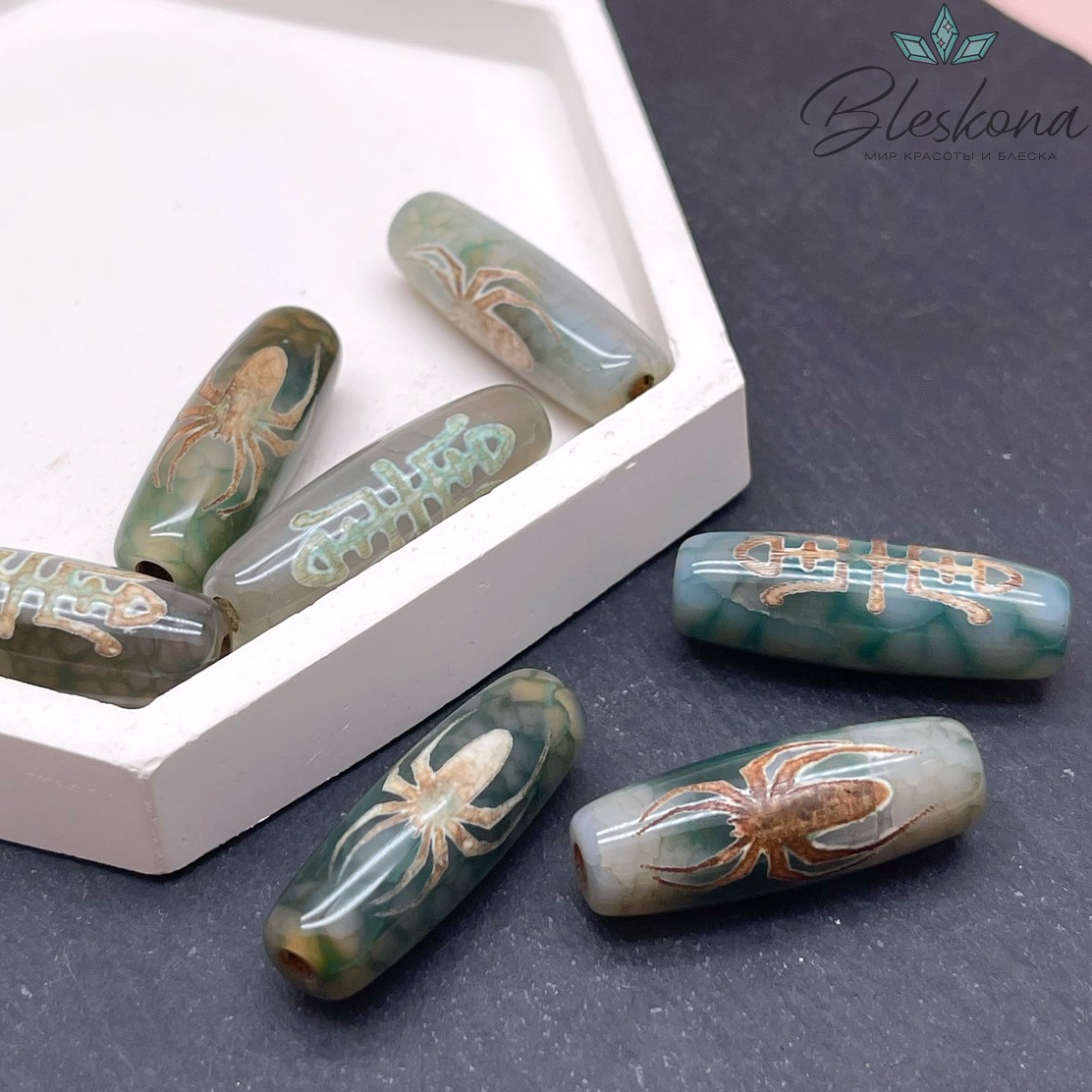 Бусина Дзи Паук и Сау зелено-коричневый бочонок 30*11 мм