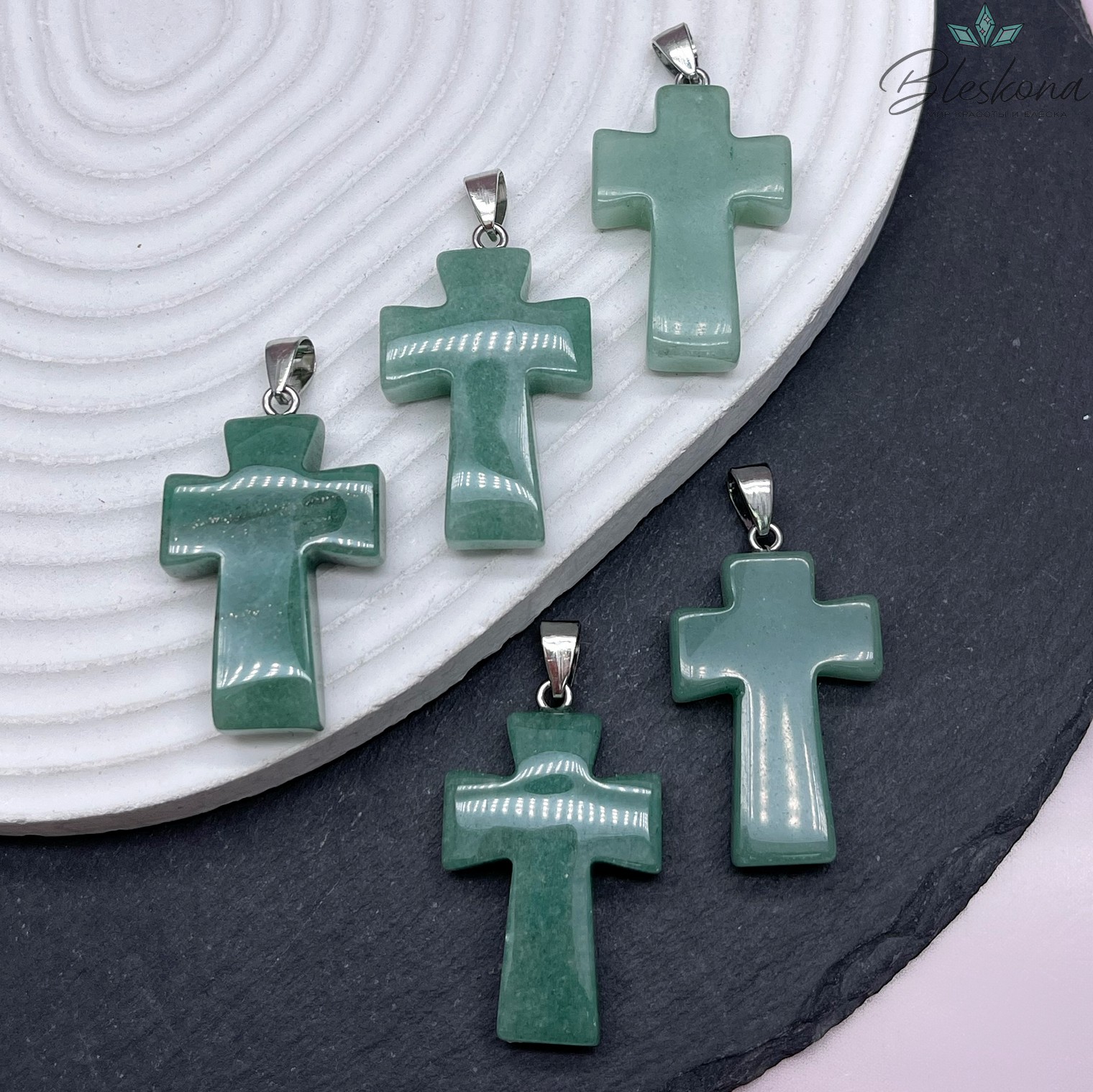 Подвеска крест Авантюрин зеленый, цвет серебро 35*22 мм