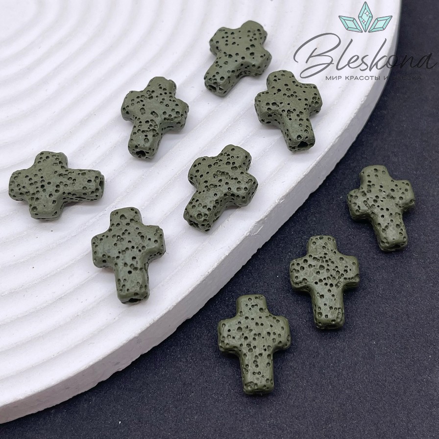 Лава Вулканическая Бусина крест темно- зеленый 17*13 мм