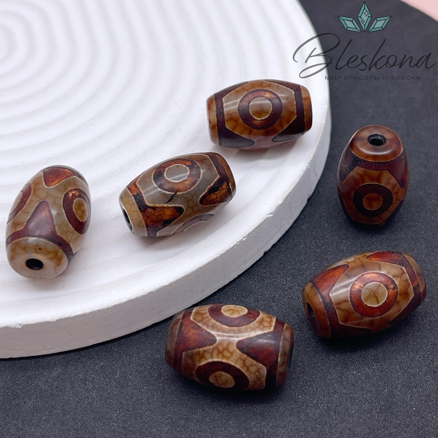 Бусина Дзи 3 глаза серо-коричневый бочонок 22*15 мм