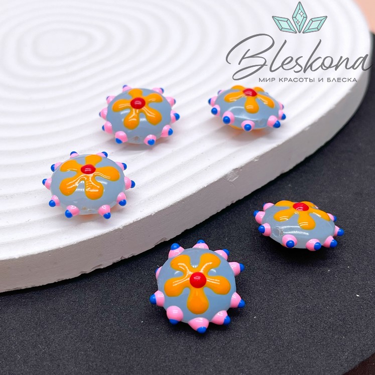 20 мм Бусина округлая серая оранжевый цветок