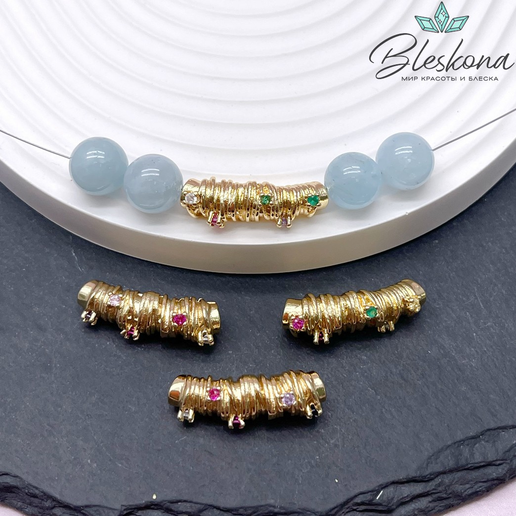 26*8 мм Цвет золото, Бусина трубочка с цирконами микс