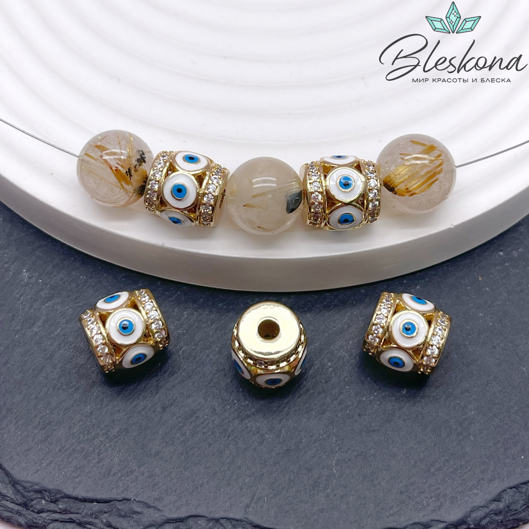 10,5*11 мм Цвет золото, Бусина бочонок глаза цирконы голубая эмаль