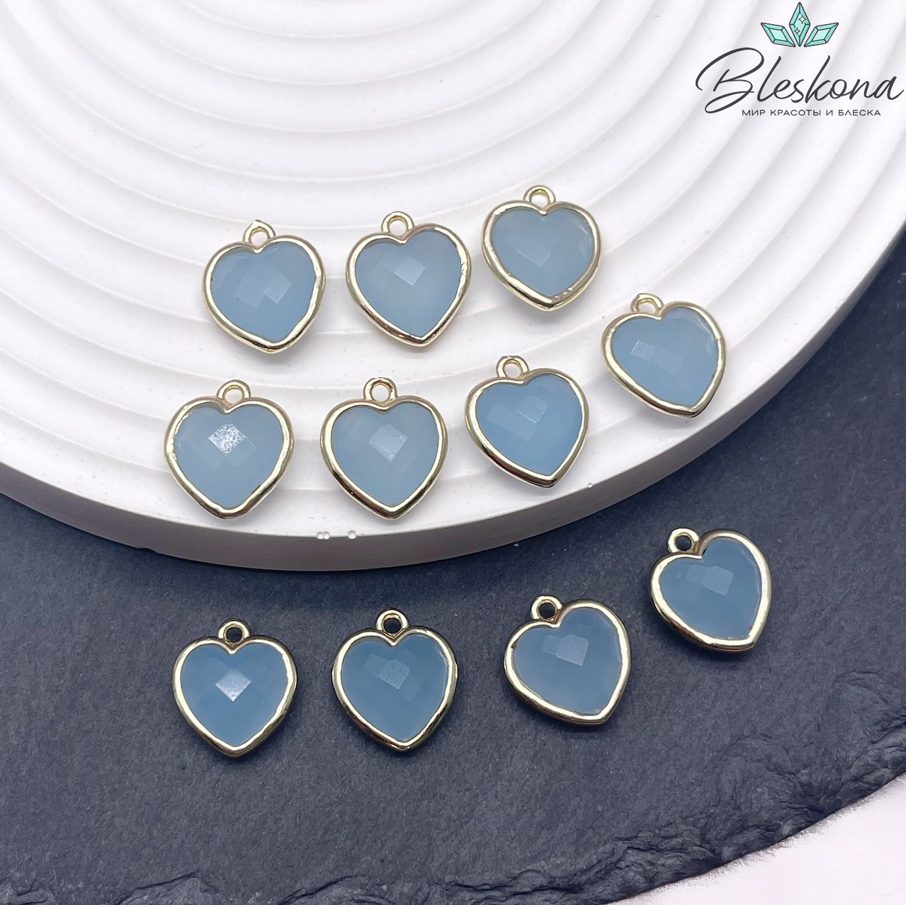12*13мм,Цвет золото,Подвеска Сердце Кварц тонированный голубой огранка