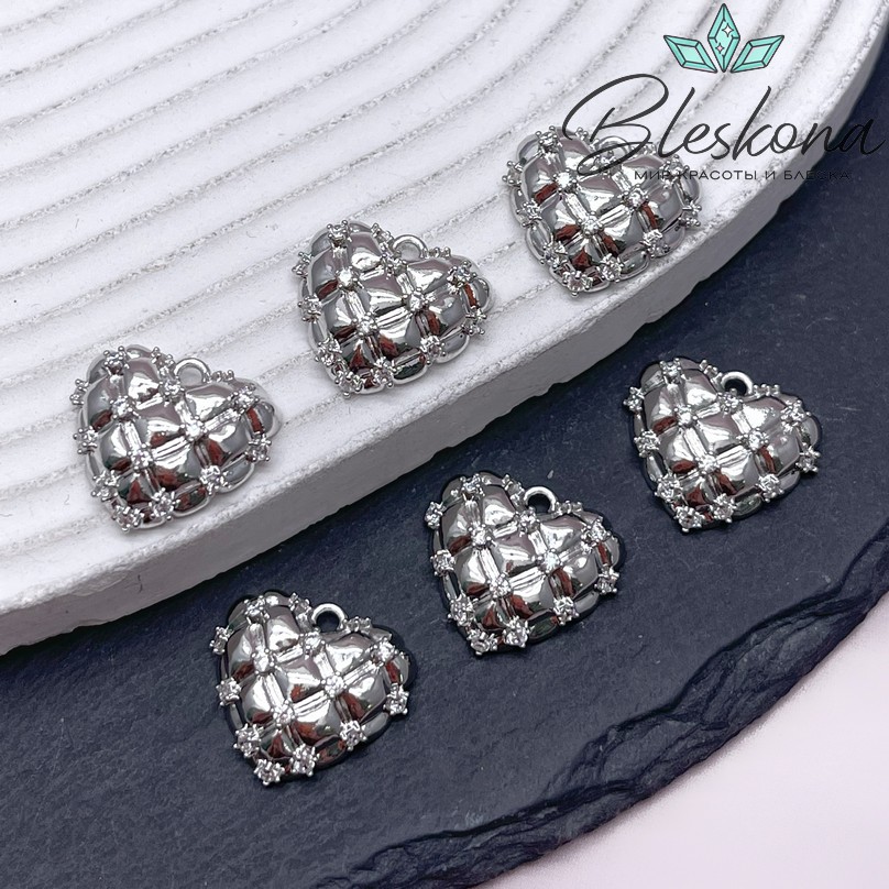 16*18 мм Цвет серебро, Подвеска сердце сетка с цирконами 