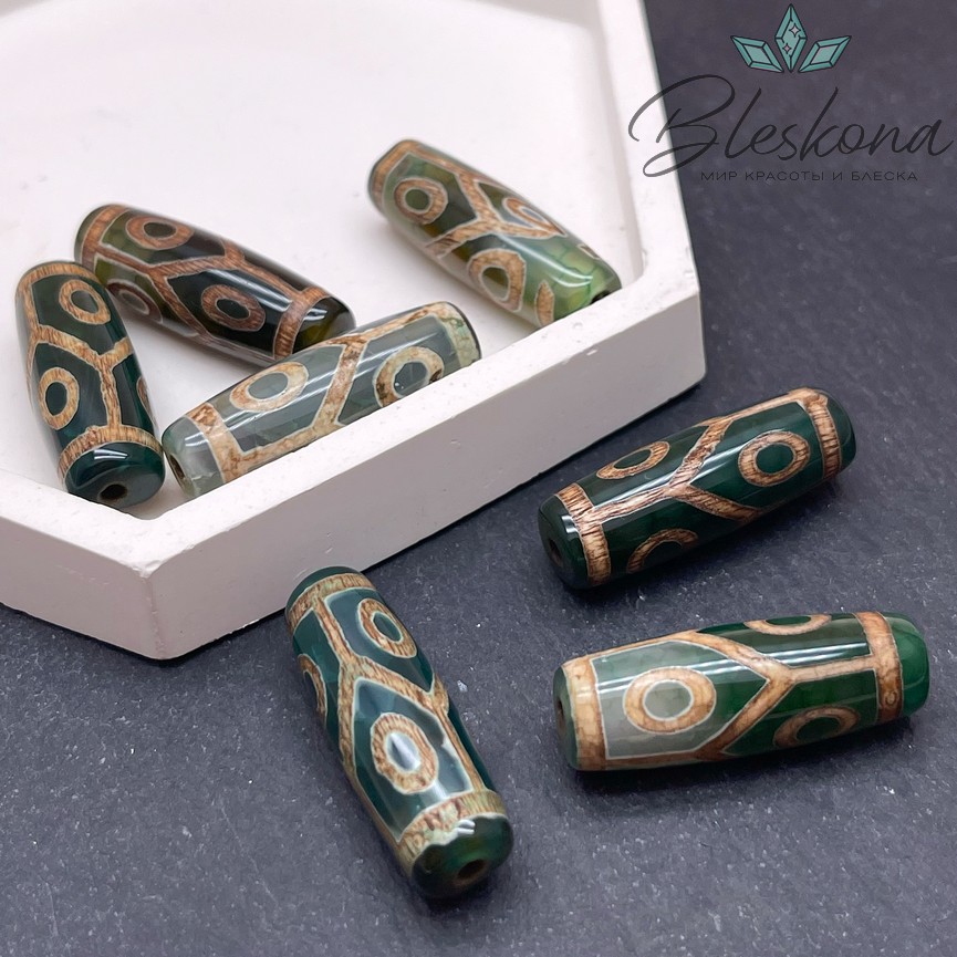 Бусина Дзи 6 глаз Черепаха зелено-коричневый бочонок 30*11мм