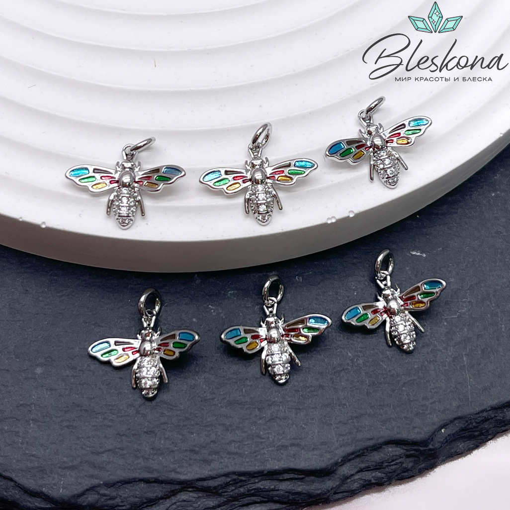 11*13 мм Цвет серебро, Подвеска Оса с цирконами цветная эмаль