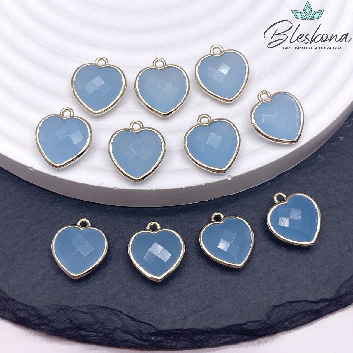 13*15мм,Цвет золото,Подвеска Сердце кварц тонированный голубой огранка