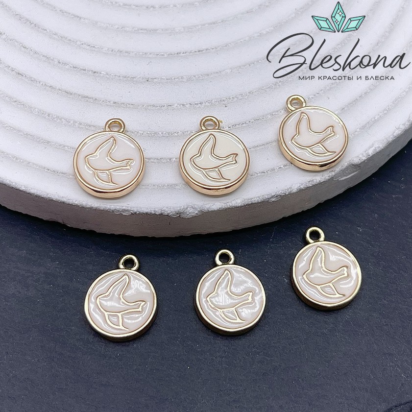 15*12 мм Цвет золото, Подвеска Ласточка белая эмаль