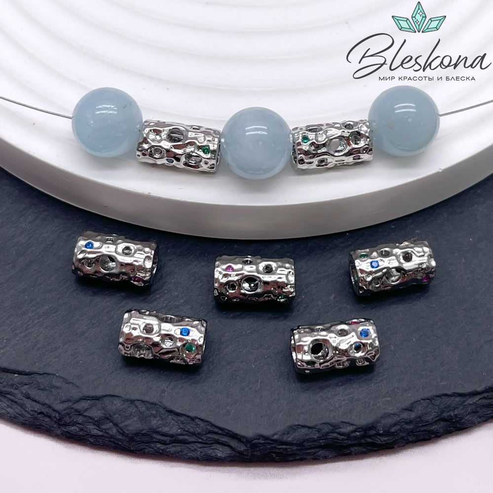 11,4*6,5 мм Цвет серебро, Бусина цилиндр цветные цирконы