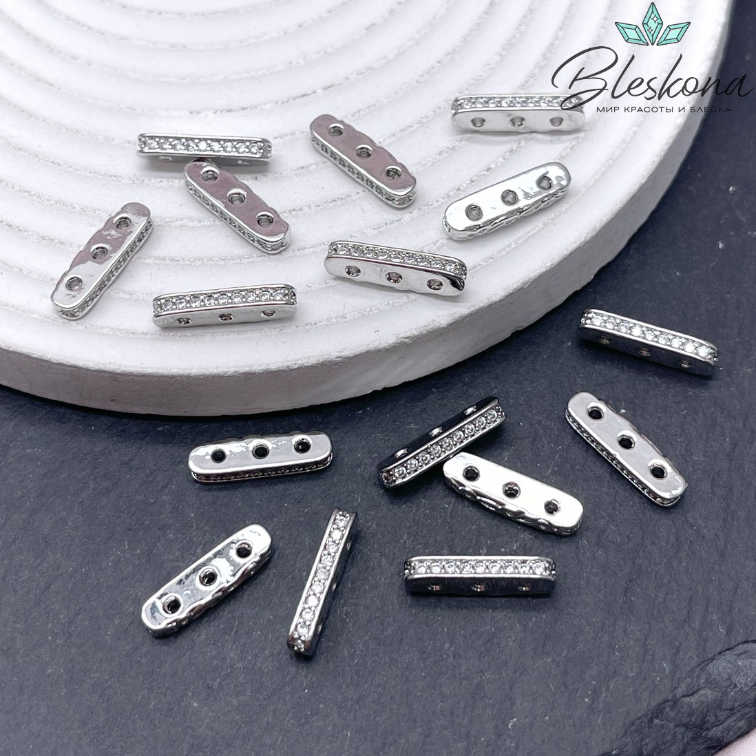 16*2,6 мм Цвет серебро, Бусина разделитель 3 ряда цирконы