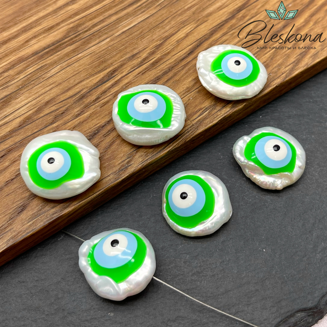 Жемчуг фриформ с глазком зеленая эмаль ~16-18 мм