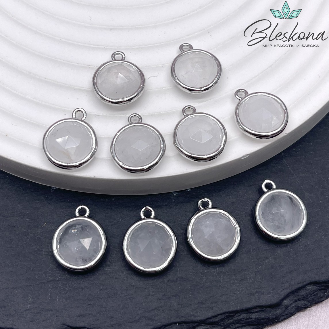 11,5мм, цвет серебро ,Подвеска круг мини Горный хрусталь огранка