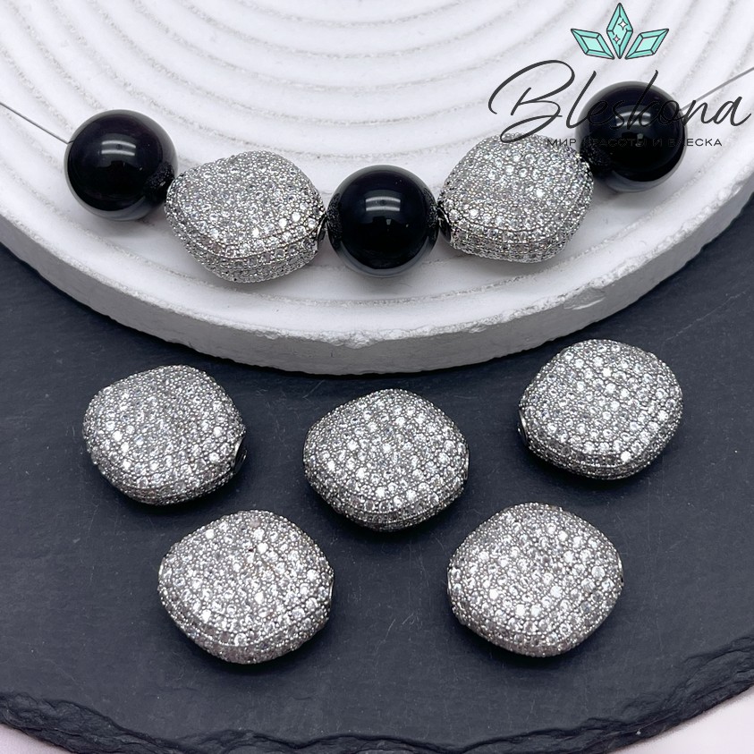 20*17,5 мм Цвет серебро, Бусина фриформ с цирконами