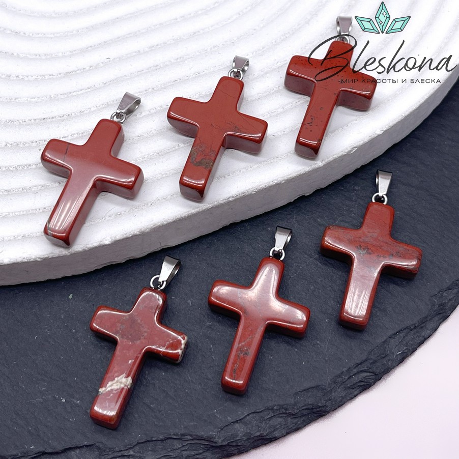 Подвеска крест Яшма красная, цвет серебро 28*18 мм
