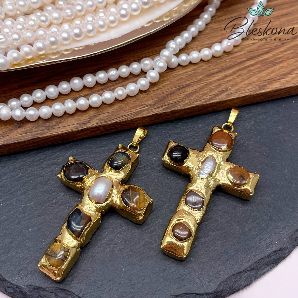 38*65 мм Цвет золото, Подвеска крест Жемчуг, Тигровый Глаз в обрамлении