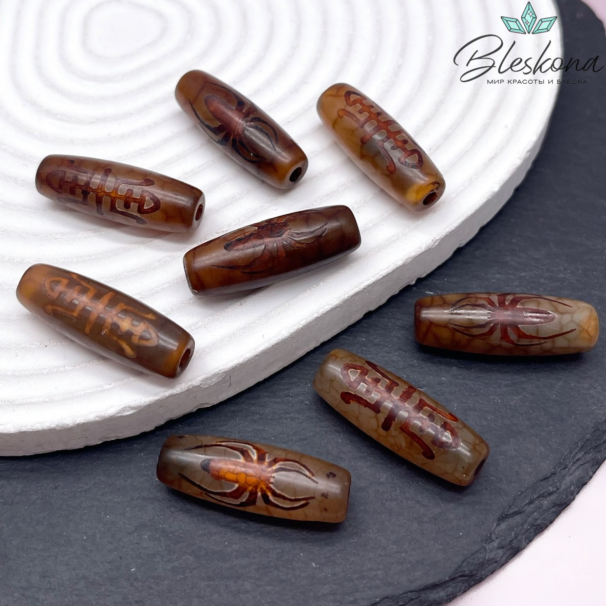 Бусина Дзи Паук и Сау серо-коричневый бочонок 30*11 мм