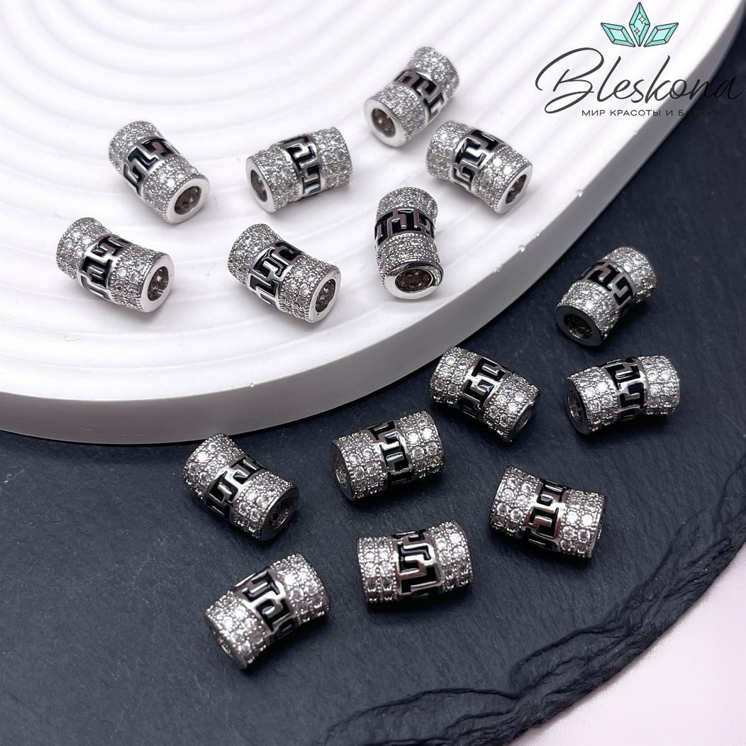 12,8*8 мм Цвет серебро, Бусина цилиндр фриформ цирконы черная эмаль