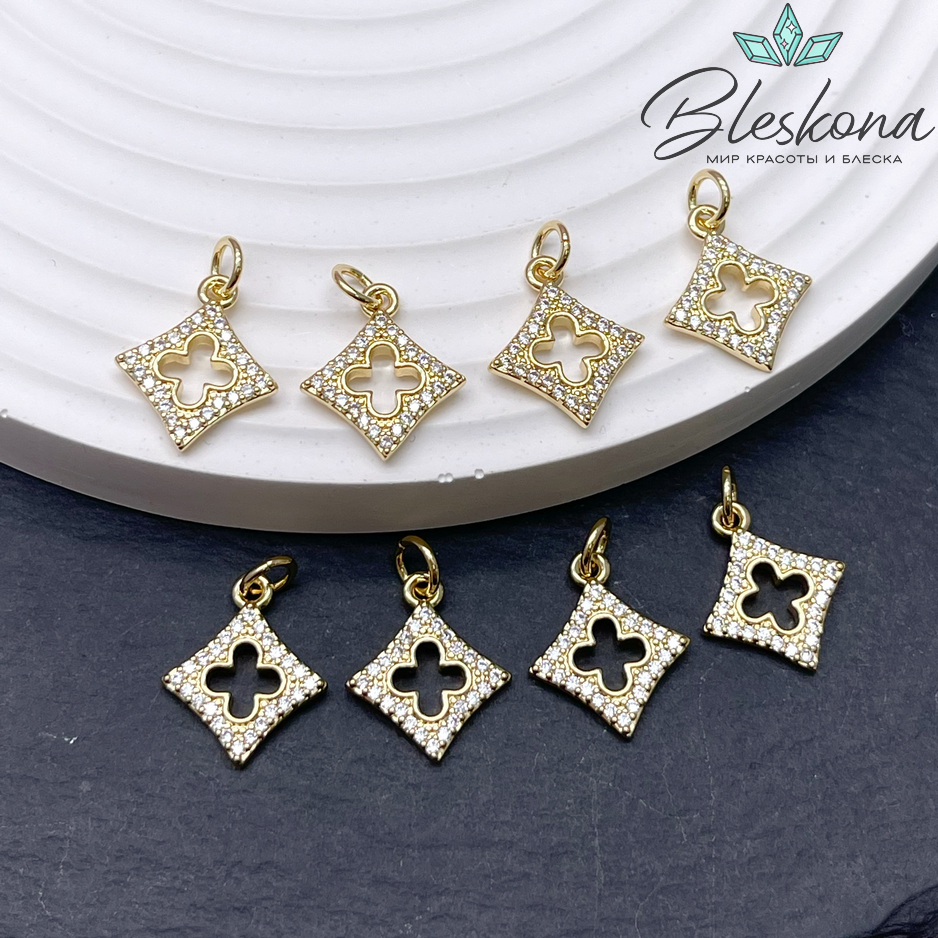 15*13 мм Цвет золото, Подвеска Клевер с цирконами 