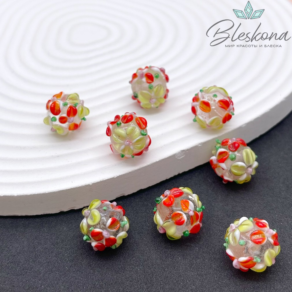 14 мм  Бусина шар цветок красный