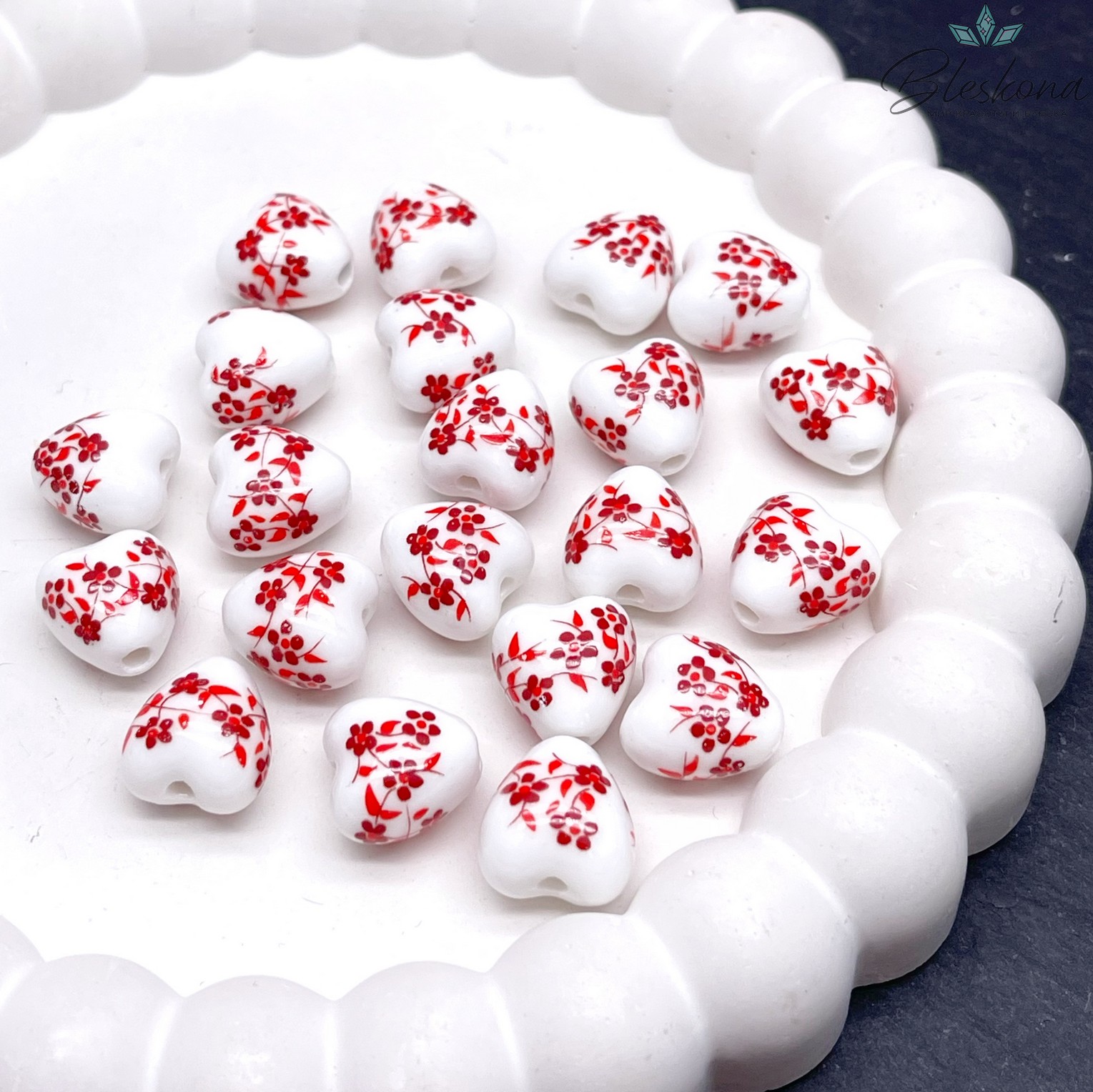 12 мм Керамика Бусина сердце роспись гжель №11 (штучно)