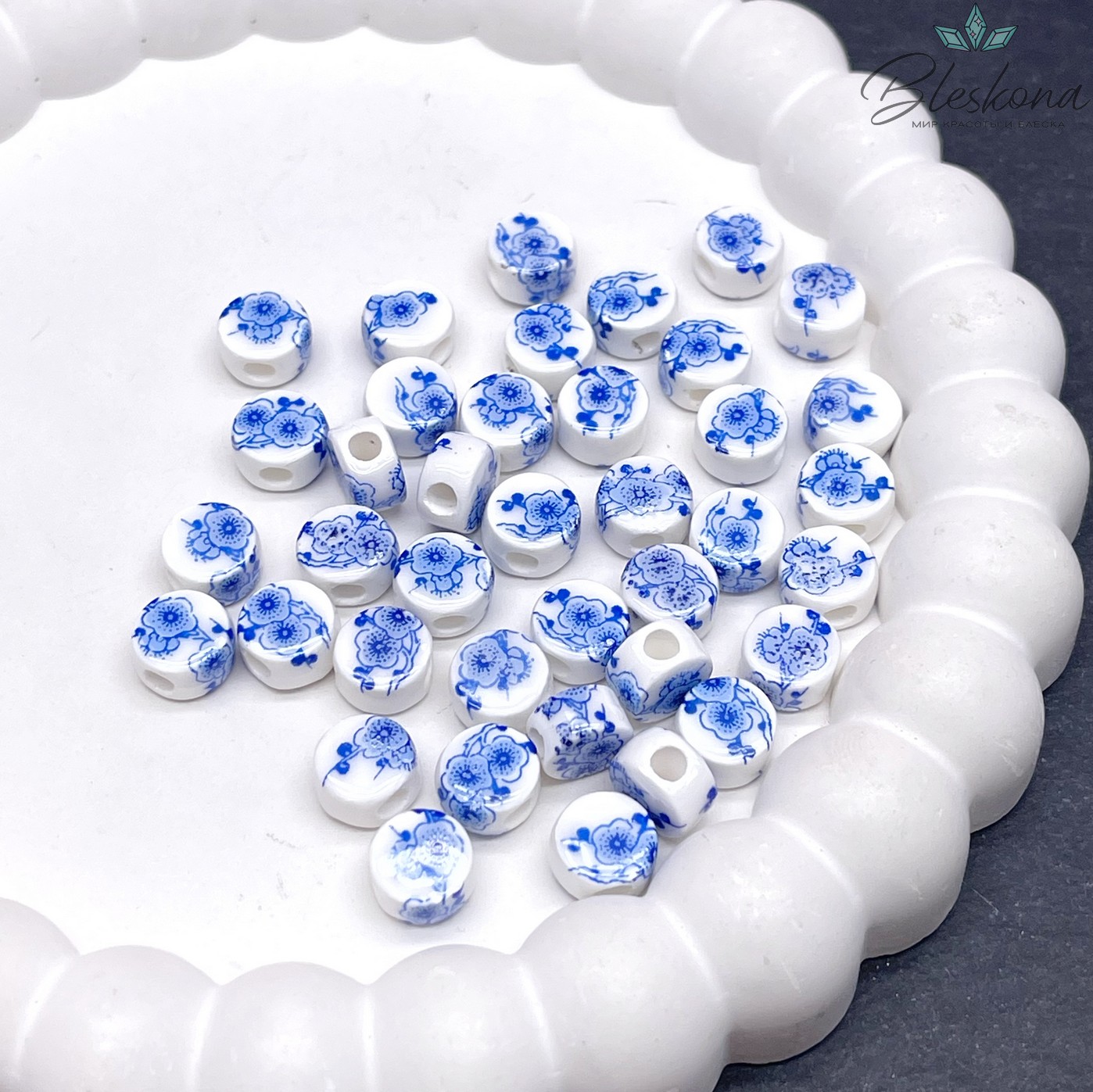 8 мм Керамика Бусина таблетка роспись гжель №3 (штучно)