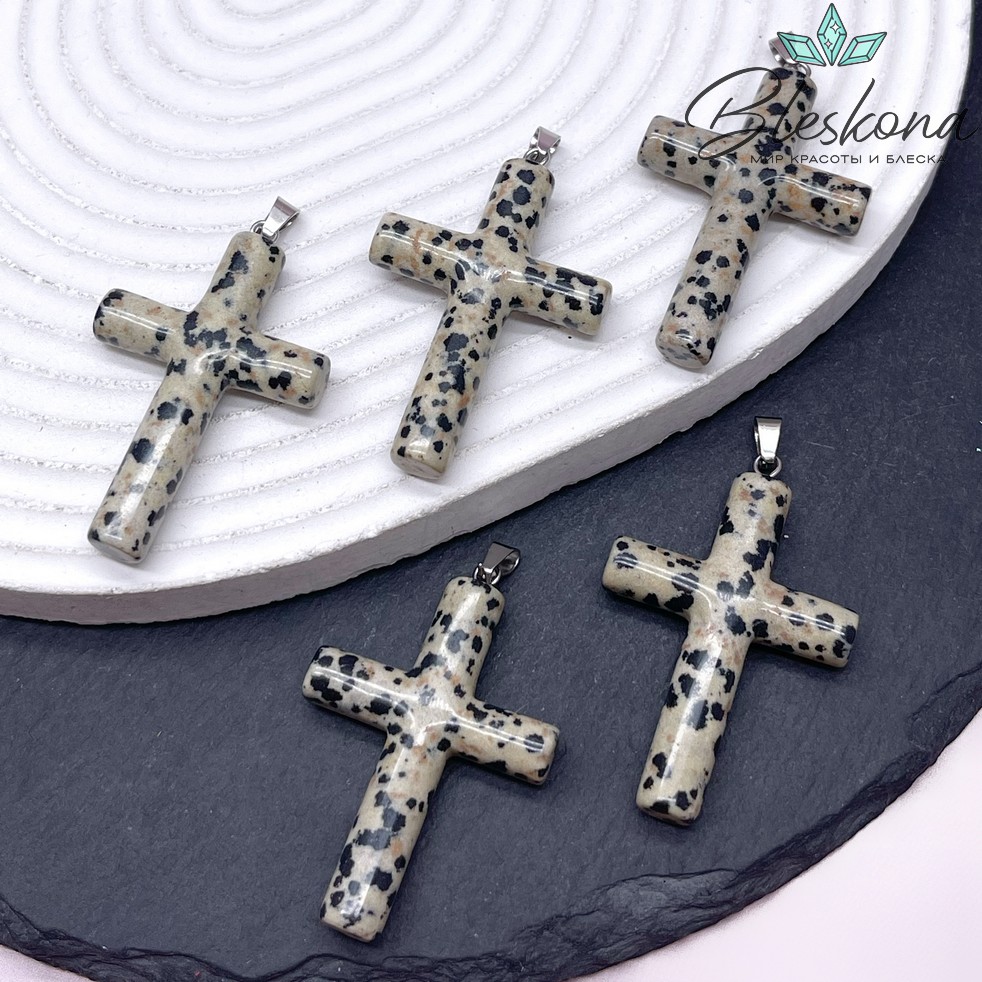 Подвеска крест Яшма далматиновая, цвет серебро 43*28 мм